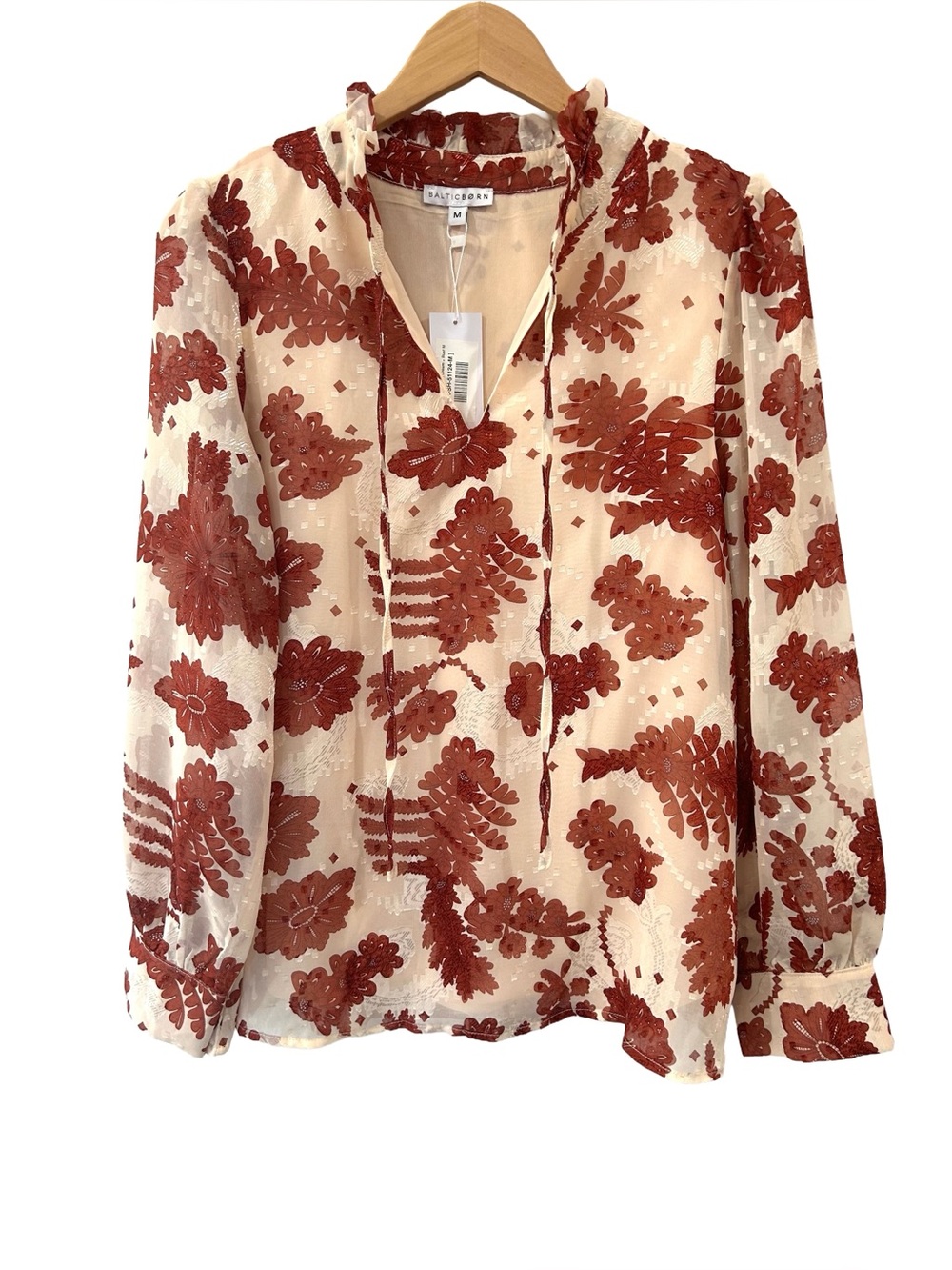 Baltic Born Charlotte Ruffle Tie Neck Top M Cream Rust Floral NWT